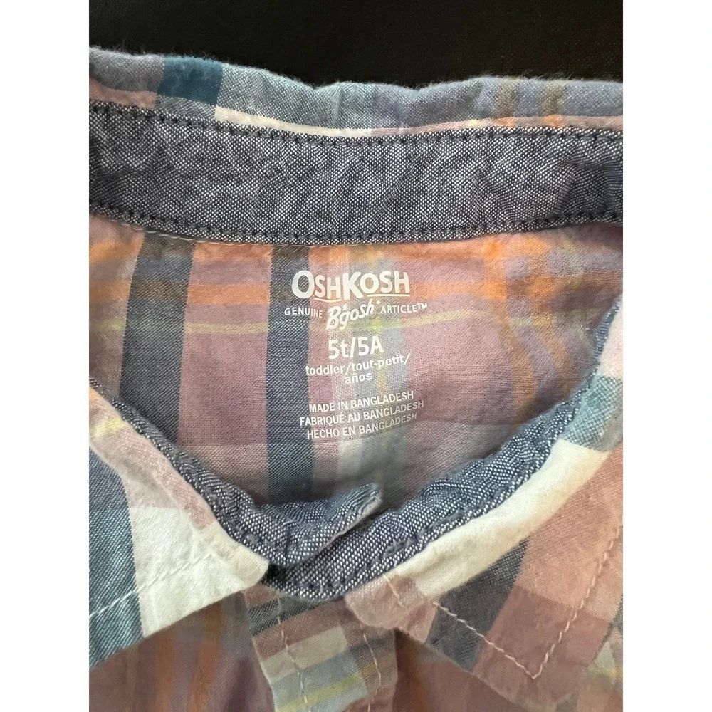 OshKosh Bgosh Toddler Boys Pink Blue Plaid Short Sleeve Button Down Shirt 5T